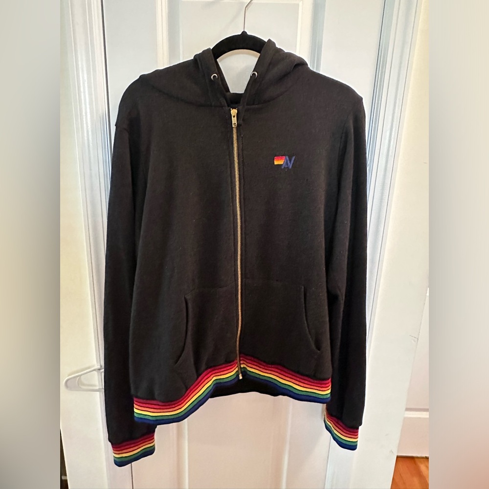 Aviator Nation Black Hoodie with Rainbow Accents